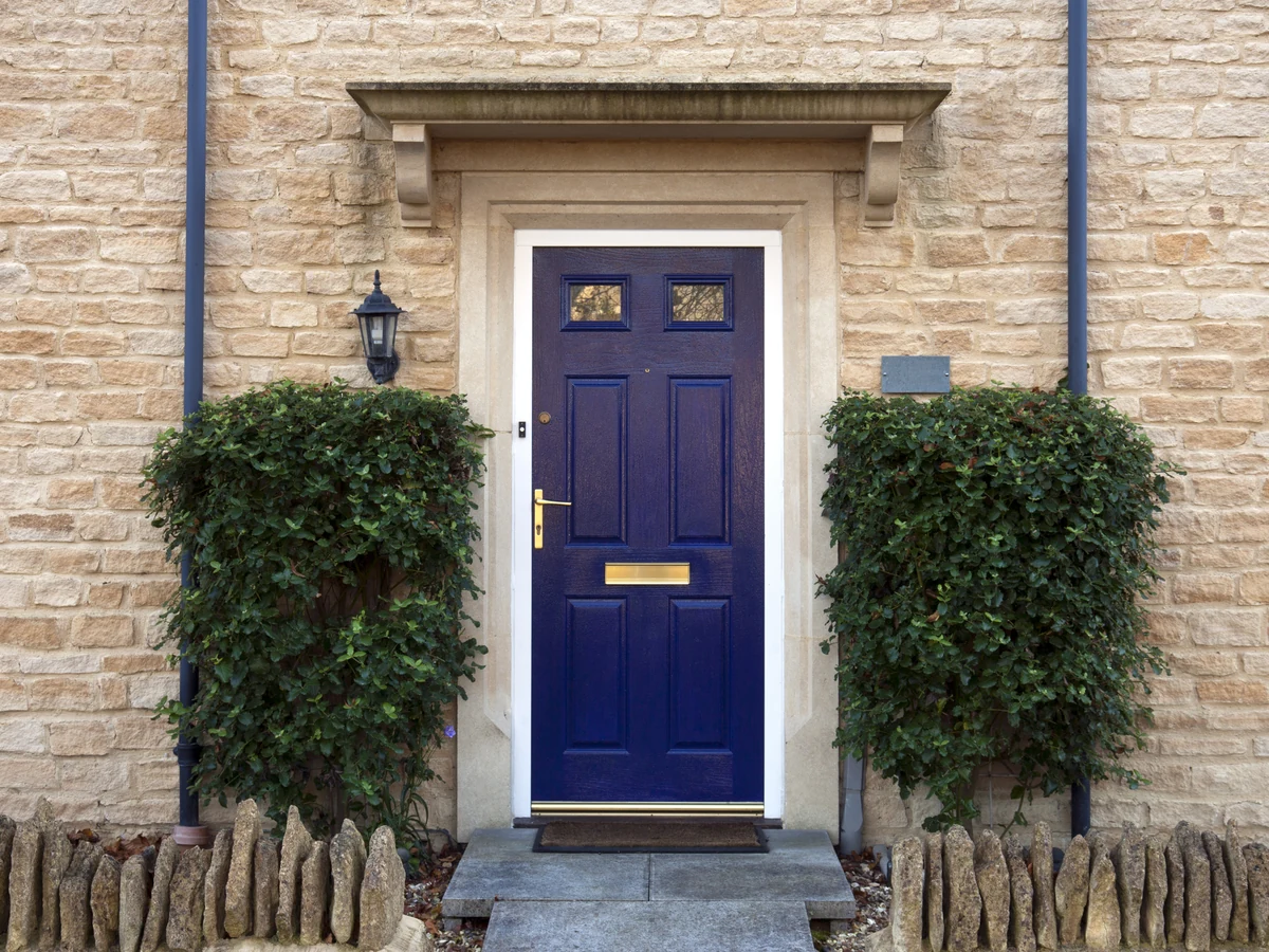 Blue front door freshly painted, Bradford Decorators door painting service